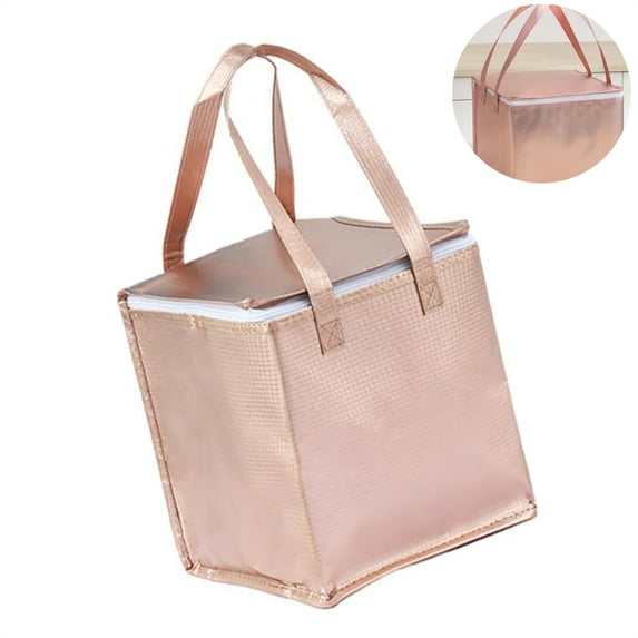 Scheam 1 Pack Reusable Zipper Insulated Grocery Bag,Food Delivery Tote Bag,Aluminum Foil Pizza Bag,Non-woven Fabric Cake Carrying Bags,for Home Restaurant (Rose Gold)