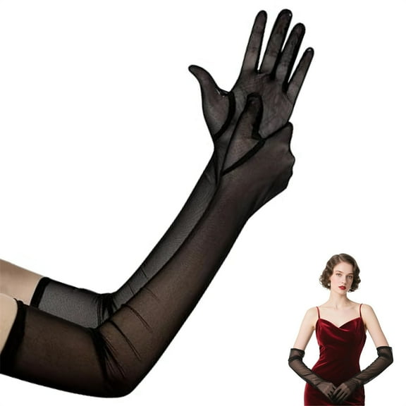 Scheam 1 Pair 21.6" Length Elbow Long Glove,1920s Opera Costume Gloves,Long Satin Stretchy Gloves,Women,for Wedding Birthday Prom Cosplay Bridal Party - Clear Black
