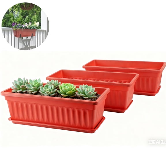 Scheam 1 Pcs Rectangular Window Box Planter 17 x7 Inch Plastic Plant Pot Watering Plant Container with Drainage Hole and Tray for Windowsill Garden Balcony Outdoor Decoration (Red)