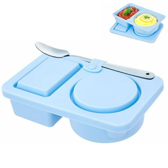 Scheam 1 Pcs Reusable Snack Containers with Lids,Blue Double Sided Dip Container,Leakproof Condiment Containers,2 Compartment Snackle Box with Spoon Slot,for Lunch Picnic