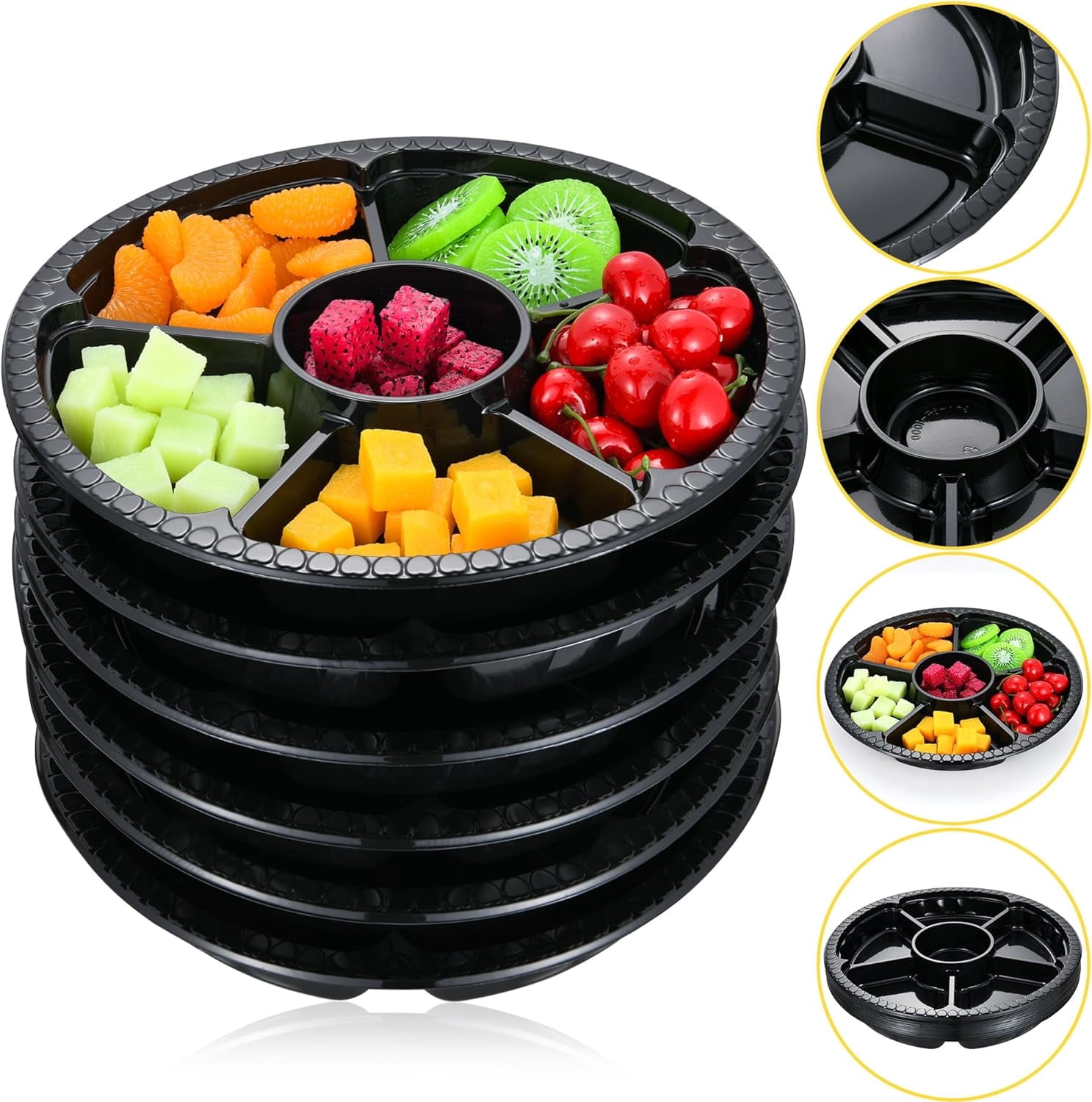 Scheam 10 Pcs Round Appetizer Serving Tray , 6 Divided Serving Tray, Disposable Food Storage Containers, Plastic Tray Storage, Snack, Vegetable Fruit Plastic Trays for Party and Buffet, Black