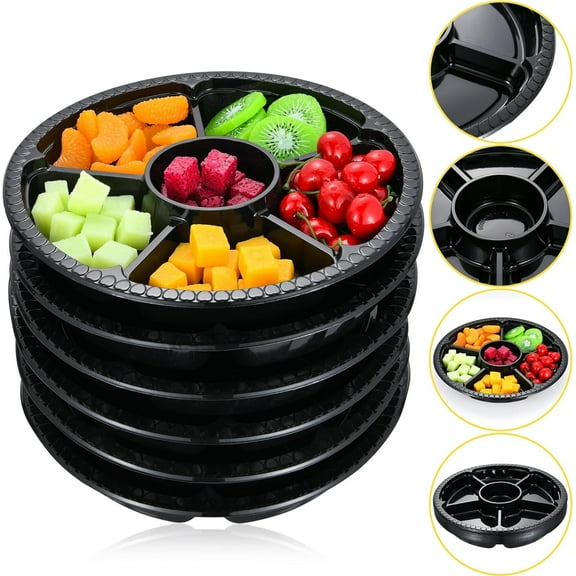 Scheam 10 Pcs Round Appetizer Serving Tray , 6 Divided Serving Tray, Disposable Food Storage Containers, Plastic Tray Storage, Snack, Vegetable Fruit Plastic Trays for Party and Buffet, Black