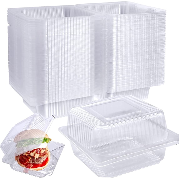 Scheam 100 Pack 5x5 inch Disposable Transparent Plastic Packaging Box with Cover, Disposable Plastic to Go Boxes Fruit and Vegetable Box,Used to Hold Fruits, Vegetables, Salad