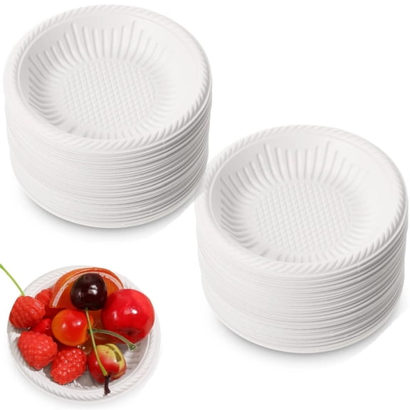 Scheam 100 Pcs Disposable Uncoated Paper Plates,4 Inch Round Dessert Paper Starch Plates,Small Dessert Tray,Mini Appetizers Bowls,for Holiday Wedding Birthday Party (White)