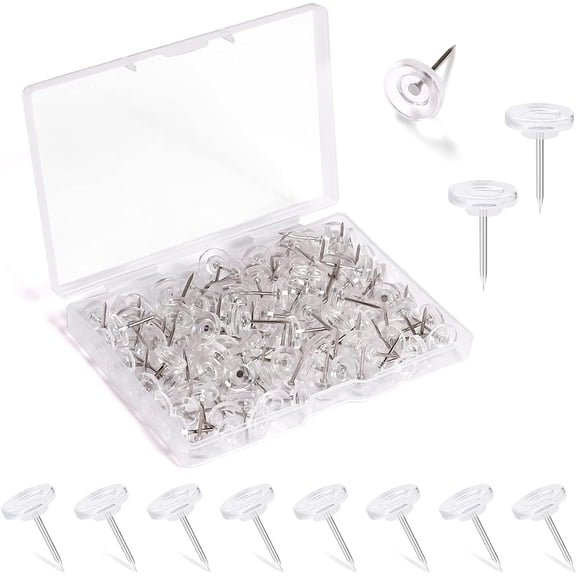 Scheam 100 Pcs Push Pins, Standard Plastic Head Steel Point Clear Thumb Tacks for Wall, Clear Plastic Round Head for Bulletin Boards, Fabric Markers, Crafts and Office Organization