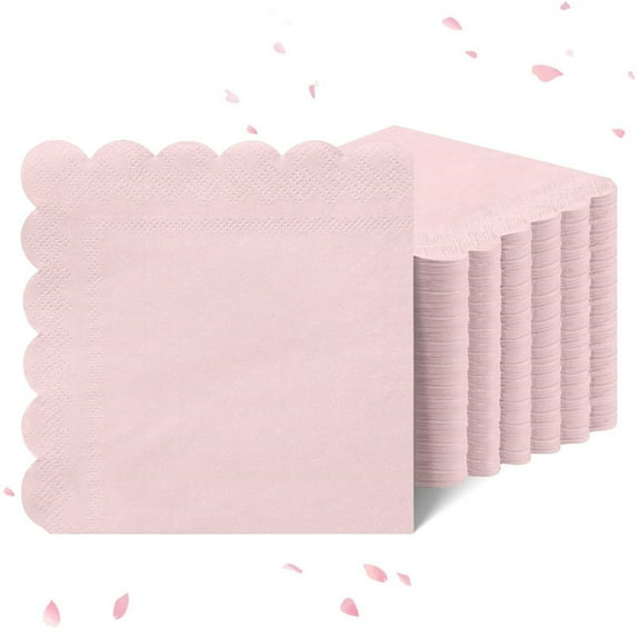 Scheam 100 Pcs Scalloped Edged Cocktail Napkins Light Pink Dessert Paper Disposable Folded Table Napkin for Christmas Wedding Birthday Festival Party Dinner (Pink)