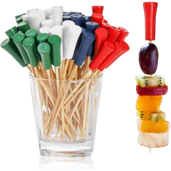 Scheam 100 Pieces 4.72 Inch Golf Tee Toothpicks,Golf End Disposable Bamboo Picks, Golf Themed Tee Skewers for Appetizers, Mini Food Sticks for Fruit Sandwich Barbecue Parties, Multicolor