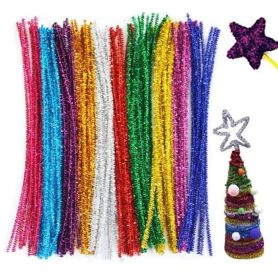 Scheam 100Pcs Glitter Sparkle Pipe Cleaners Tinsel Chenille Stalks,10 Colors Metallic Pipe Cleaners for DIY Crafts,Arts,Wedding,Home,Party,Holiday Decoration 6 mm x 12 Inch