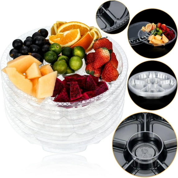 Scheam 10Pcs Round Plastic Veggie Tray with Lid Fruit Tray 6 Divided Compartment Container Food Serving Dip Platter Reusable Catering Trays for Veggie Fruit Snack Party and Buffet Trays(Clear)