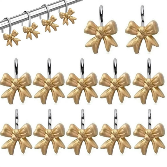 Scheam 12 Pcs Resin Knot Bow Shower Curtain Hooks,Cute Decorative Shower Curtain Rings,Rustproof Metal Hangers,for Dorm Home Bathroom Accessories (Gold)