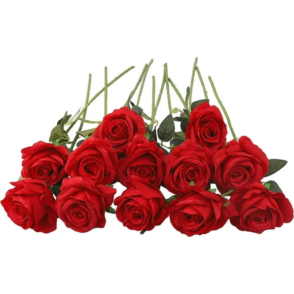 Scheam 12PCS Artificial Roses Fake Flowers Single Long Twig Blooms with Rose Buds Wedding DIY Decoration Bridal Bouquet Decorative Flower Arrangement Home Decoration Party Centerpieces in Red