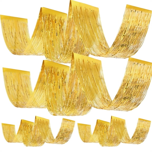 Scheam 15ft Ceiling Sequin Tassel Curtain Decorations,4 Pcs Metallic Foil Plastic Fringe Curtains,Sparkling Wave Ceiling Drapes,for Wedding Birthday Party Bachelorette Decor (Gold)