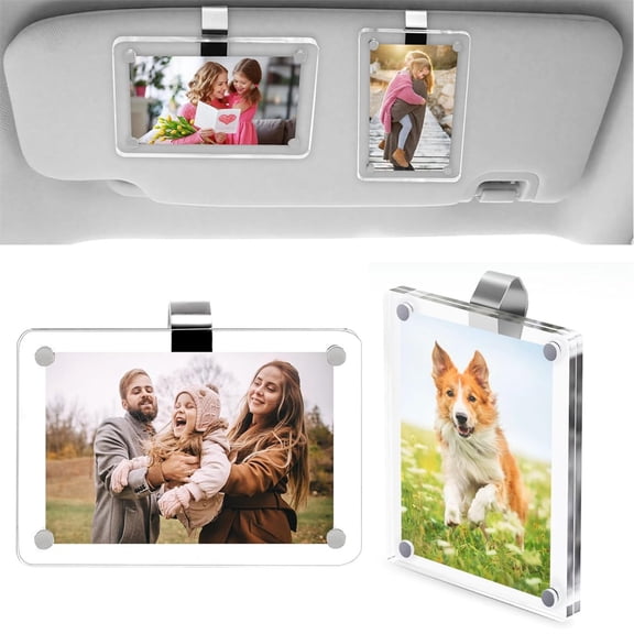Scheam 2 Pcs Acrylic Car Picture Holder Sun Visor Photo Clip 3.54 x2.36 inch Clear Plastic Universal Picture Frame Personalized Car Decorations for Home Office Car