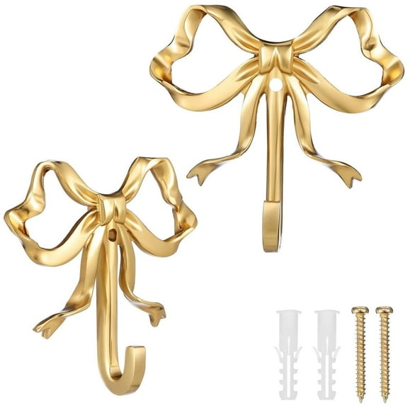 Scheam 2 Pcs Gold Bow Hooks,Metal Decorative Knot Wall Hooks 3.5 × 3.5 inch Multi-Purpose Coat Hanger Vintage Towel Hooks Purse Holder for Home Office Bathroom Kitchen Decor (L)