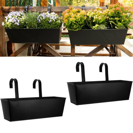Scheam 2 Pcs Metal Rectangle Hanging Flower Pots,Large Railing Planter Box,Fence Buckets with Detachable Hooks,Rustic Plant Holder,for Indoor Outdoor Balcony Porch or Deck (Black)