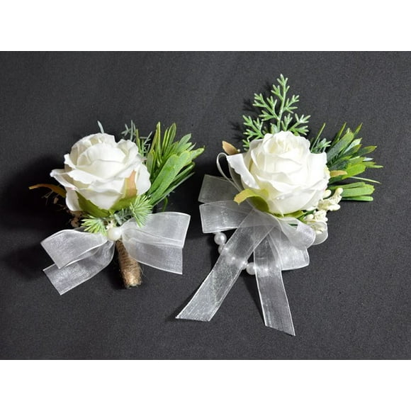 Scheam 2 Pcs Rose Flower Wrist Corsage Boutonniere Set, White Handmade Artificial Corsage Set, Bride Hand Flower Wristlet Band Bracelet and Men Boutonniere for Wedding Party Prom Decorations