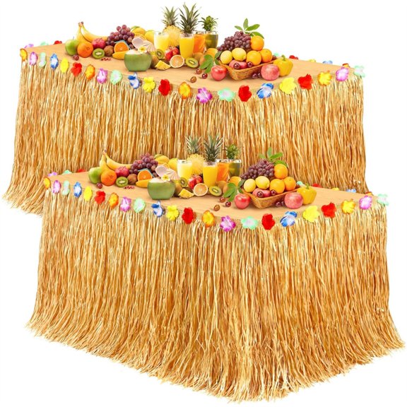 Scheam 2 Pcs Tropical Grass Table Skirt,Hawaiian Grass Table Skirt with Flowers,9 Feet x 29.5 Inch Plastic Fringe Decorations Streamers,Summer Beach Theme Party Decor Accessories
