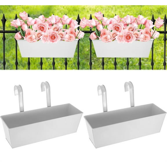 Scheam 2 Pcs White Metal Hanging Flower Pots,Outdoor Railing Planters,Large Rectangle Fence Buckets,Countryside Style Flowerpot with Detachable Hooks,for Garden Yard Patio Porch Fence
