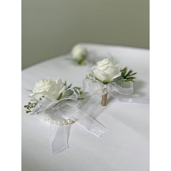 Scheam 2 Pcs White Rose Ladies Wrist Flower and Men's Buttonhole Corsage Suitable for Bride and Bridesmaid Wedding Prom Decor