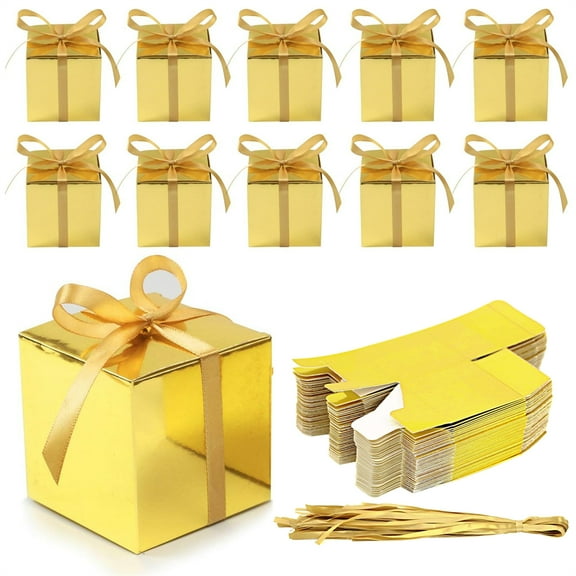 Scheam 2 inch Small Favor Boxes Gold Cute Candy Gift Bags Paper Wrapping Present Boxes with Ribbons Mini Chocolate Containers Foldable Design for Christmas Wedding Birthday Party 30 Pcs