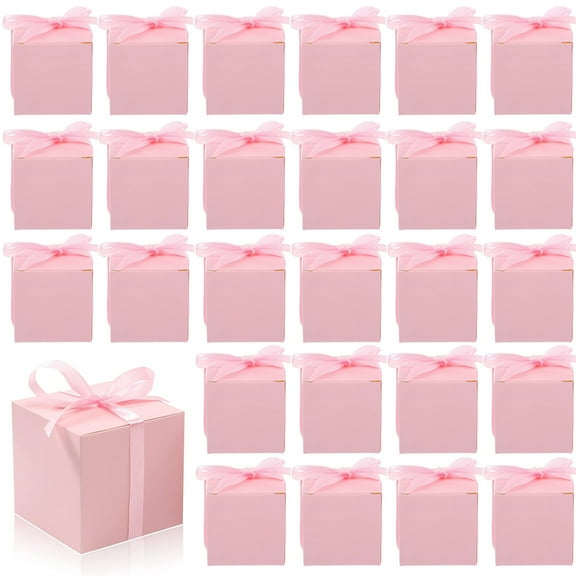 Scheam 2 inch Small Favor Boxes Pink Cute Candy Gift Bags Paper Wrapping Present Boxes with Ribbons Mini Chocolate Containers Foldable Design for Christmas Wedding Birthday Party 30 Pcs