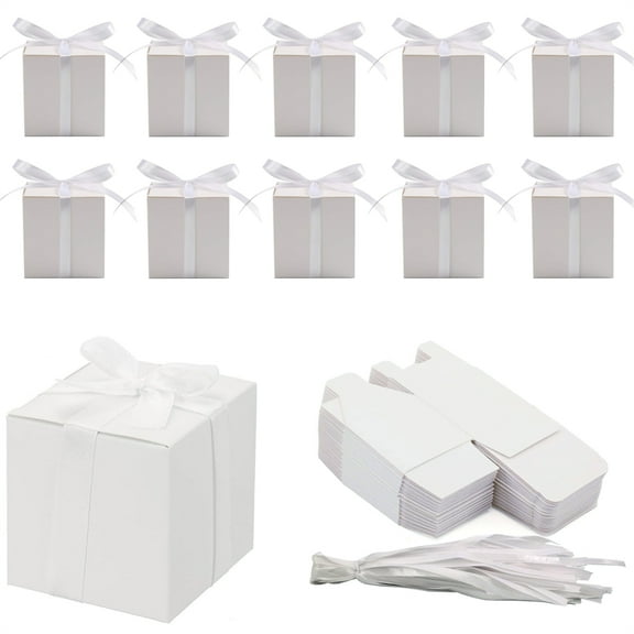 Scheam 2 inch Small Favor Boxes White Cute Candy Gift Bags Paper Wrapping Present Boxes with Ribbons Mini Chocolate Containers Foldable Design for Christmas Wedding Birthday Party 30 Pcs