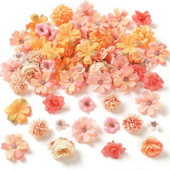 Scheam 20 Pcs Orange Artificial Flower Heads,Mini Faux Flower Heads,Multicolor Silk Daisy Flower Heads,Fake Peony Small Rose Flowers,for Wedding Birthday Party DIY Craft Decoration