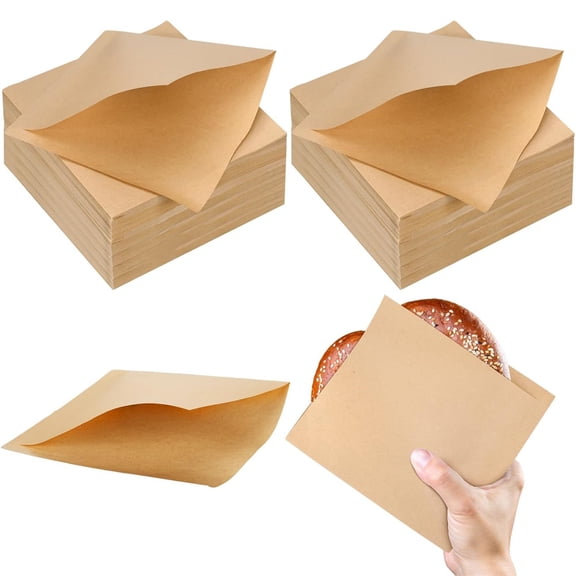 Scheam 200 Pcs Brown Kraft Paper Pretzels Bags,Individual Bags,Double Open Sandwich Bags,Thick Grease-Resistant Hamburger Wrapper Holder,for Snack Bread Doughnut French Fry 6" x 6"