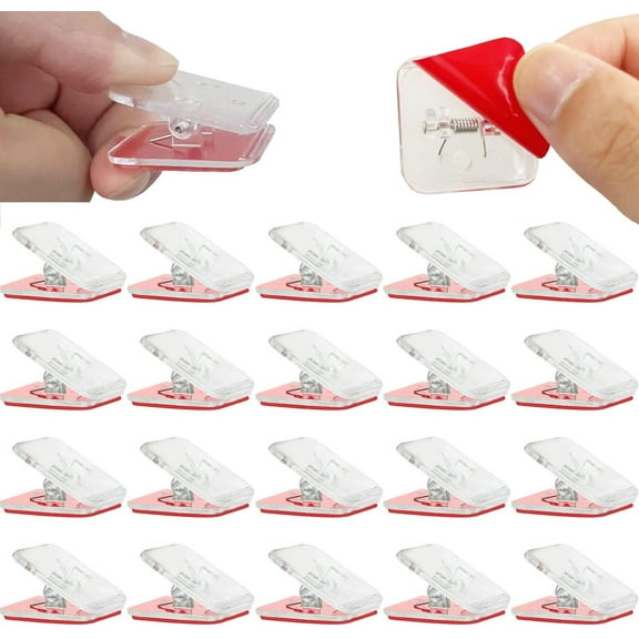 Scheam 24Pcs Self Adhesive Clips, Wall Clips,Tapestry Hangers,Photo Clips for Paper Flag Hanger,Sticky Clips for Teachers,Double-Sided Adhesive Spring Clips for Poster Home Office Rope，Clear