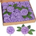 thumbnail image 1 of Scheam 25 Pieces Artificial Foam Rose Flowers Vintage Fake Roses DIY Bouquets Boutonnieres with Leaves and Stems for Wedding Bridal Shower Banquet Party Centerpieces Decor (Purple), 1 of 7