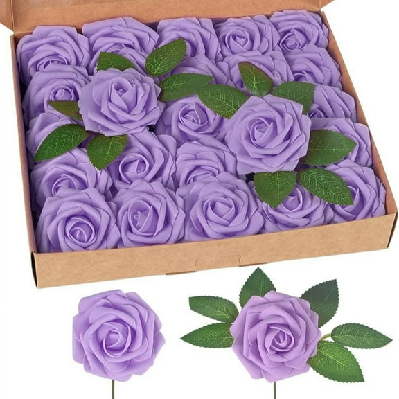 Scheam 25 Pieces Artificial Foam Rose Flowers Vintage Fake Roses DIY Bouquets Boutonnieres with Leaves and Stems for Wedding Bridal Shower Banquet Party Centerpieces Decor (Purple)