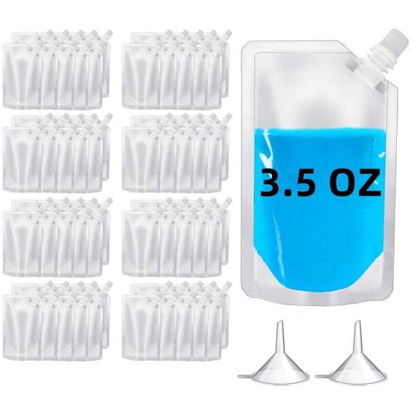 Scheam 3.5 Oz Plastic Drink Squeeze Pouches,Slant Leak Proof Beverage Flask,Clear Juice Bags,Concealable and Reusable Liquor Pouches,with 2 Funnel,for Picnic Party Travel Concert 50 Pcs