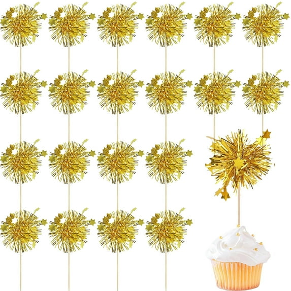 Scheam 25 Pcs Christmas Firework Cupcake Toppers Foil Tassel Cupcake Picks Sparkle Star Tinsel Cake Decorations Drink Cocktail Fruit Toothpick for Birthday Wedding New Year Party (Gold)