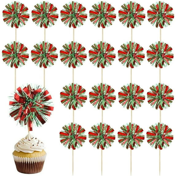 Scheam 25 Pcs Christmas Firework Cupcake Toppers Foil Tassel Cupcake Picks Sparkle Tinsel Cake Decorations Drink Cocktail Fruit Toothpick for Birthday Wedding New Year Party (Red Green)