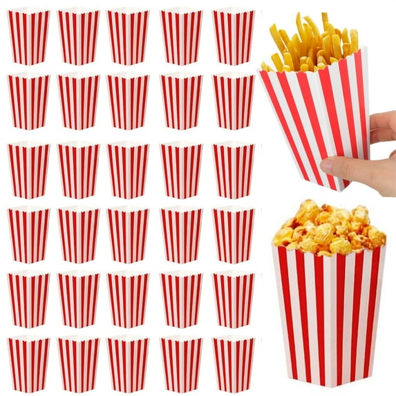 Scheam 36 Pcs Paper Popcorn Boxes Striped Cardboard Snack Cups 4.5 × 2.8 inch Mini Candy Container Holder for Movie Nights Birthday Carnival Party Supplies (Red and White)
