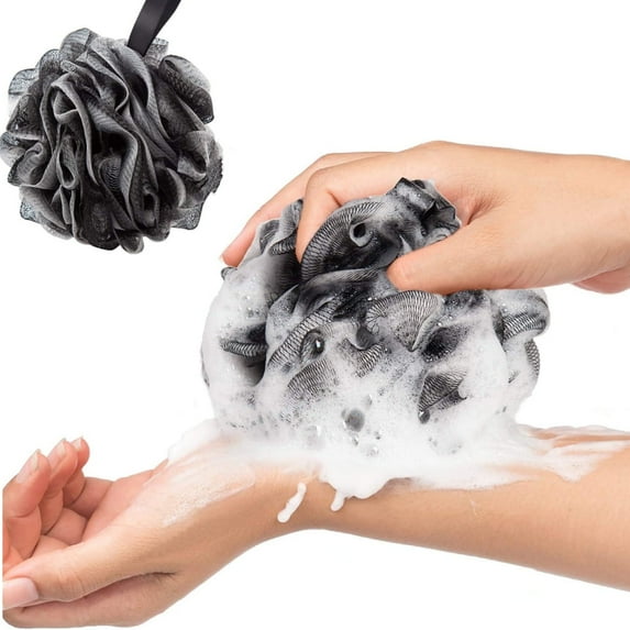 Scheam 4 Pack Black Shower Puff Bath Sponge - Extra Soft Shower Loofah for Cleaning & Exfoliating | Black Skin Cleaning Shower Sponge - Comfortable Body Scrubber | Body Scrunchies for Baby & Adults