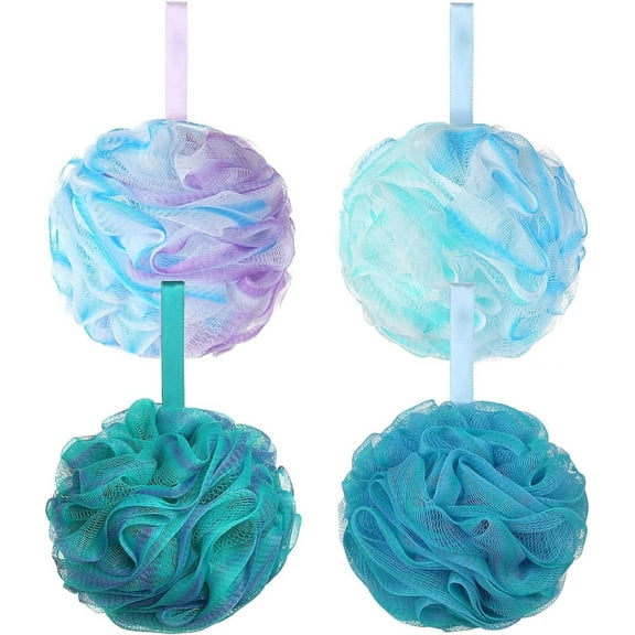 Scheam 4 Pack Shower Puff Loofah 75g/Pack Extra Large Mesh Puffs Shower Sponge Body Scrunchie Exfoliating Bath Sponge for Adults(Women and Men), Flower Color