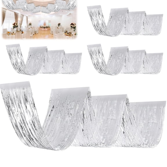 Scheam 4 Pcs Metallic Sequin Ceiling Tassel Curtains,15ft Foil Plastic Fringe Curtains,Shiny Wave Ceiling Drapes,for Wedding Engagement Birthday Bridal Shower Party Home Decor (Silver)