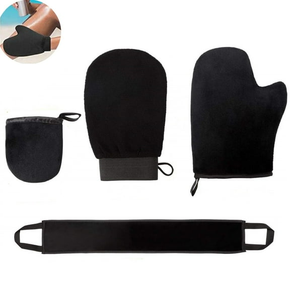 Scheam 4 Pcs Scrub Mitt and Tanning Back Applicator Self Tanning Mitt Applicator Kit Exfoliating Washcloth Reusable for Bath Shower (Black)