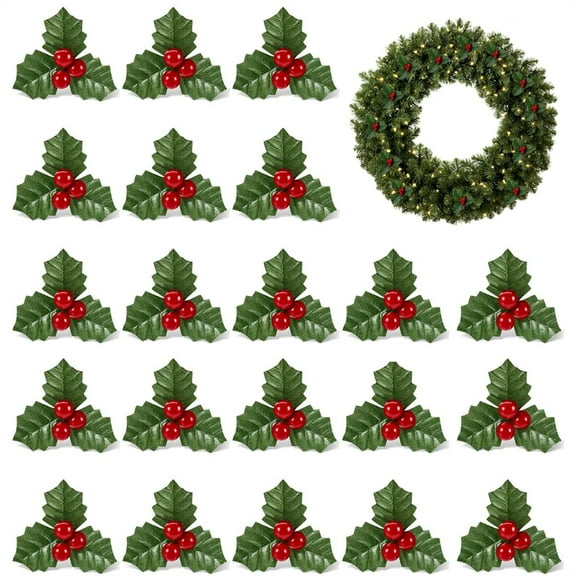 Scheam 40 Pcs Christmas Fake Holly Branches and Leaves Artificial Berry Picks Faux Flowers Plants Christmas Ornaments Set for Wreath Craft Vase Fillers (Red)