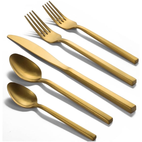 Scheam 5 Pcs Matte Satin Finish Flatware,Stainless Steel Knives Forks and Spoons Set,Mirror Polished Tableware for Home Kitchen Restaurant, Dishwasher Safe (Gold)