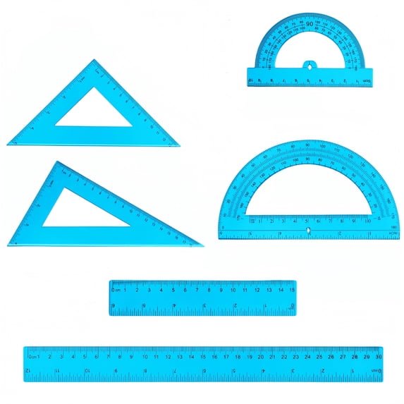 Scheam 6 Pcs Plastic Ruler Math Set,Includes 180 Degree Protractor,45 | 60 Degree Triangle Rulers,12 Inch 6 Inch Straight Ruler,Measuring Tool for Classroom Office (Clear Blue)