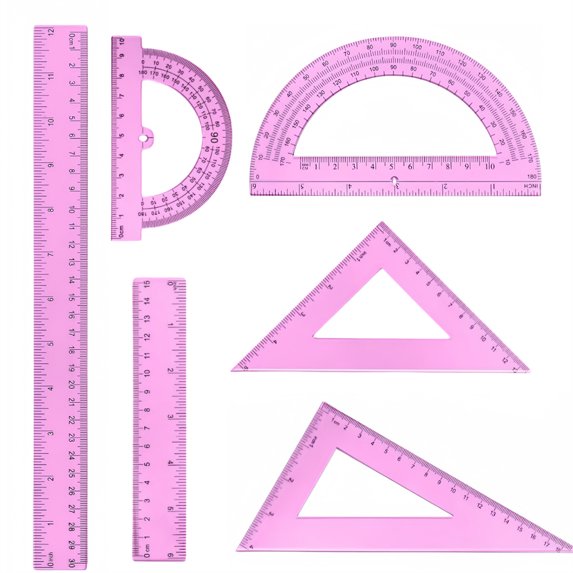 Scheam 6 Pcs Plastic Ruler Math Set,Includes 45 | 60 Degree Triangle Rulers,180 Degree Protractor,12 Inch 6 Inch Straight Ruler,Measuring Tool for Classroom Office (Clear Pink)