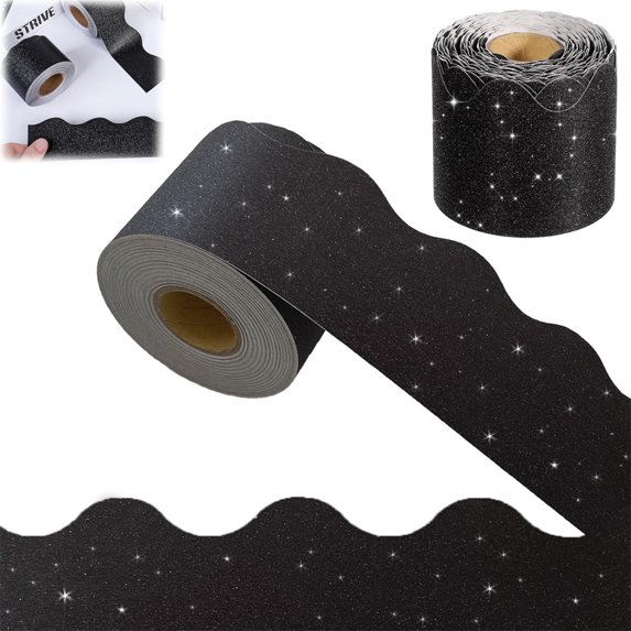 Scheam 65 Feet Balck Glitter Bulletin Board Borders,Decorative Trim Poster Borders,Shiny Self-Adhesive Scalloped Bulletin Board Stickers,for Classroom School Home Office Wall Decoration