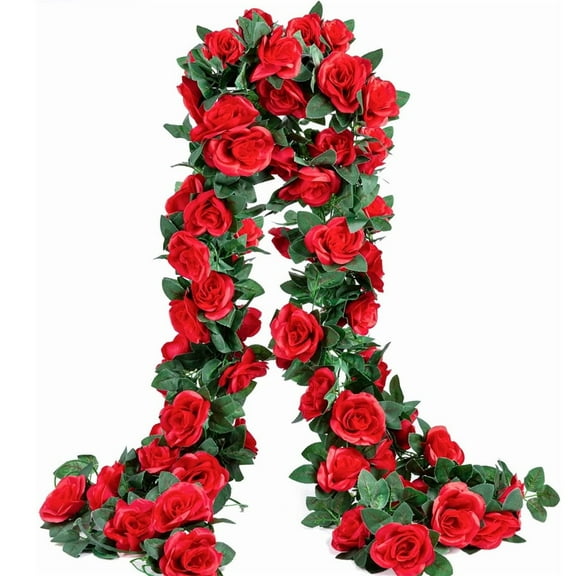 Scheam 7.6Ft Fake Red Rose Garland,Artificial Rose Vine,Faux Vine Flowers Plants,Silk Rose Ivy Hanging Garland,Wedding Arrangement Decorations,for Home Garden Valentine's Day Party Supplies