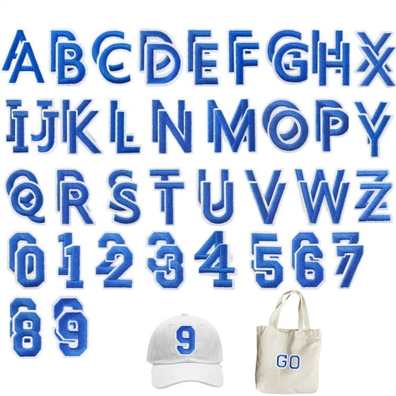 Scheam 72 Pcs Blue Varsity Iron-on Letters Alphabet A-Z Embroidered Patches Embroidered Numbers 0-9 Applique DIY Crafts Sewing Repair Patches for Clothing Hats Shoes Bags