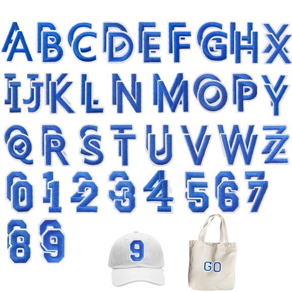 Scheam 72 Pcs Blue Varsity Iron-on Letters Alphabet A-Z Embroidered Patches Embroidered Numbers 0-9 Applique DIY Crafts Sewing Repair Patches for Clothing Hats Shoes Bags