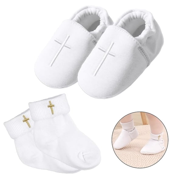 Scheam Baby Boys Baptism Shoes and Socks Set,Antislip Warm Infant Shoes,White Christening Sneaker with Embroidered Cross,Cotton Soft Sole Socks,for Christening Ceremony 4.72 inch
