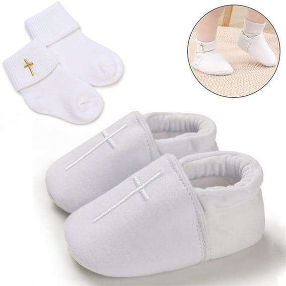 Scheam Baptism Shoes Socks Set,Soft Sole White Christening Sneaker,Warm Infant Cotton Socks,with Embroidered Cross,for Newborn Ceremony Boy Baptism Easter Outfits 4.33 inch