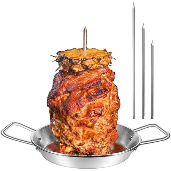 Scheam Barbecue Vertical Skewers with Base Pan,Stainless Tacos Al Pastor Skewer Stand with 3 Spike,Removable Grilling Meat Spit,for Grill or Oven Silver Dishwasher Safe